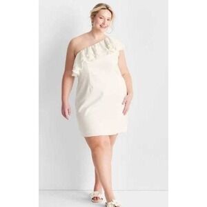 NWT Future Collective One Shoulder Ruffle Mini Dress 18 Ivory Clean Euro Summer